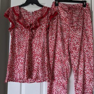 Oscar De La Renta Pink Label Red & White 2 Piece Flirty Satin Pajamas - Small